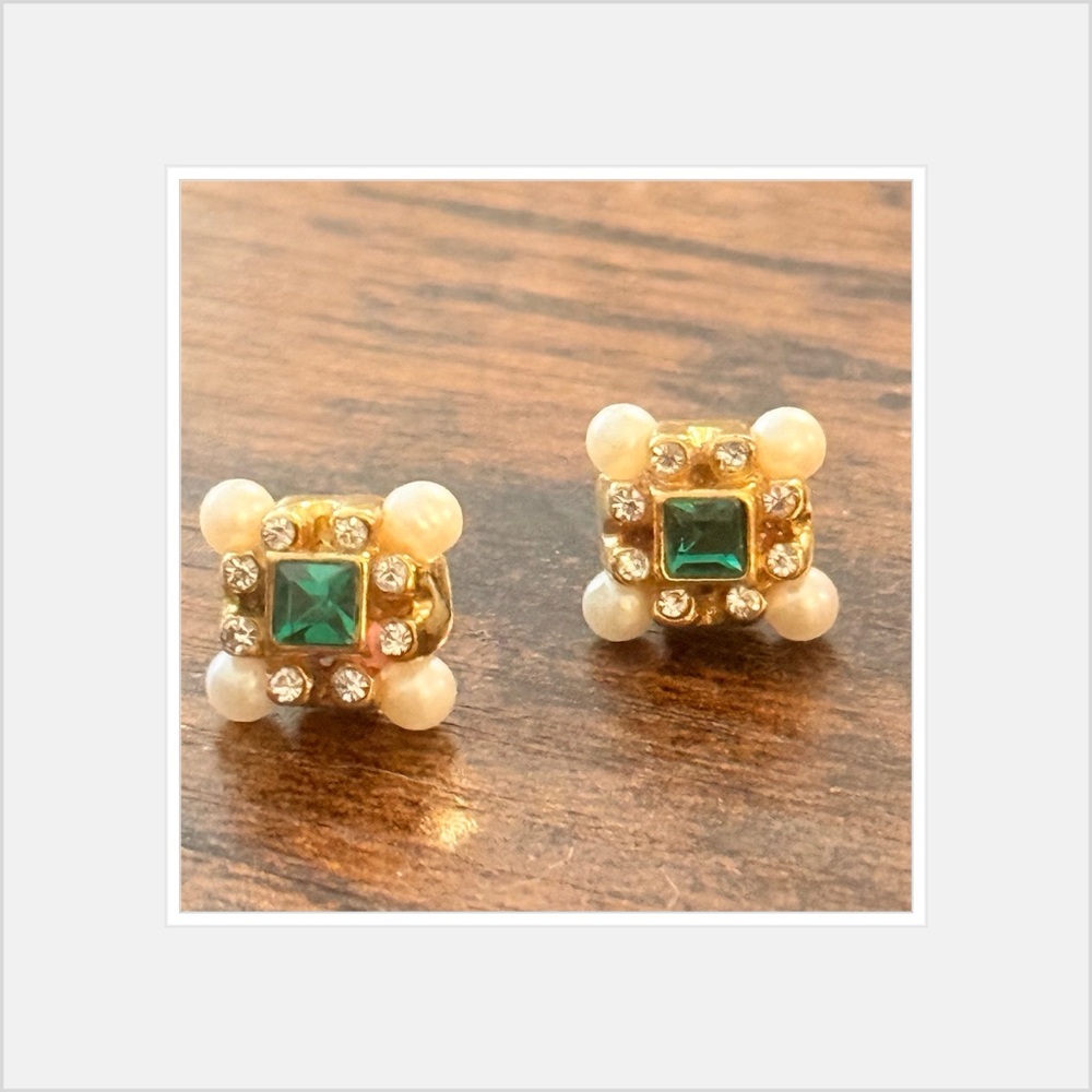 Vintage Glam Gold and Emerald Green Stud Earrings with Pearls & Rhinestones, .4”
